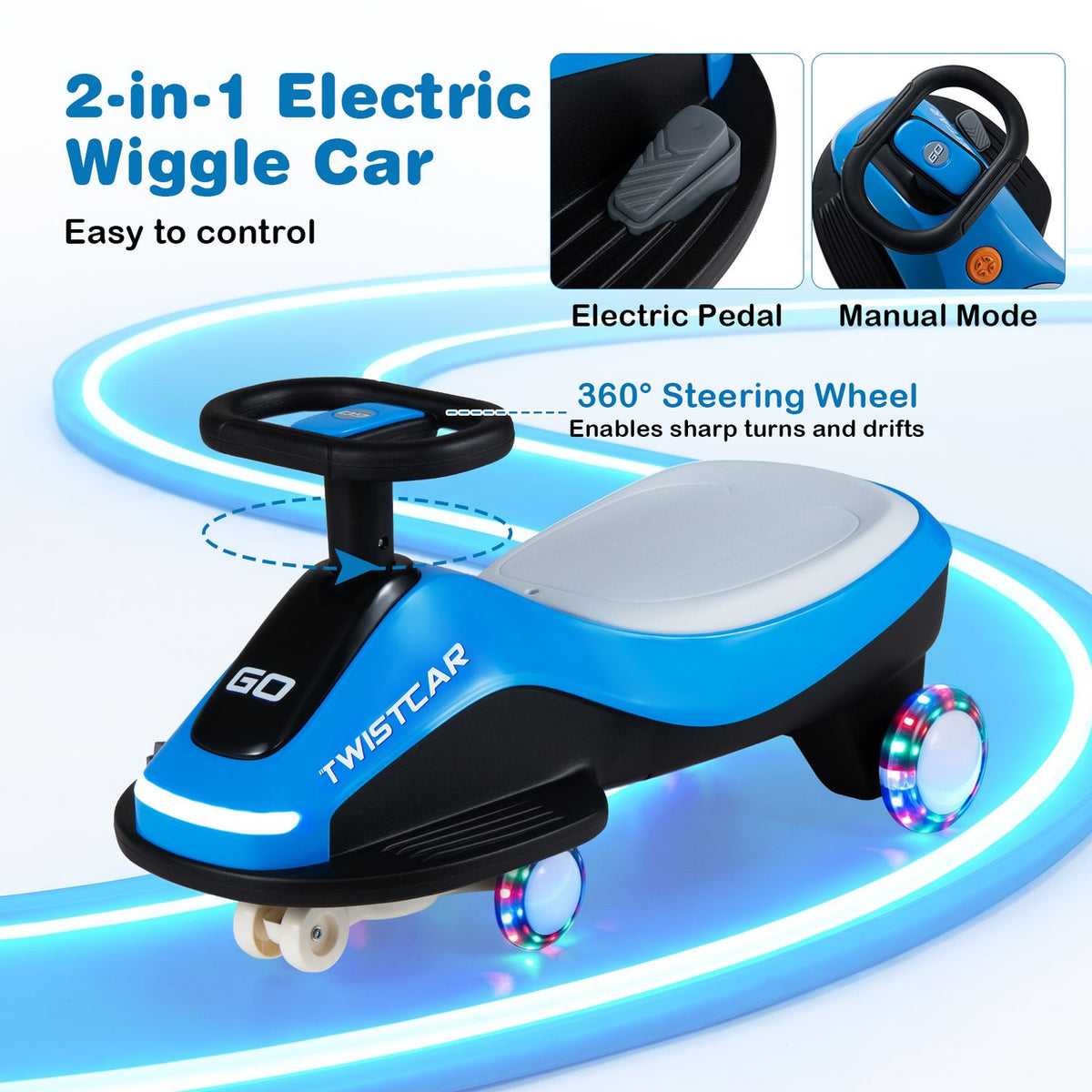 A blue wiggle car is pictured with close-ups of its pedal and steering wheel and text describing two operating modes.