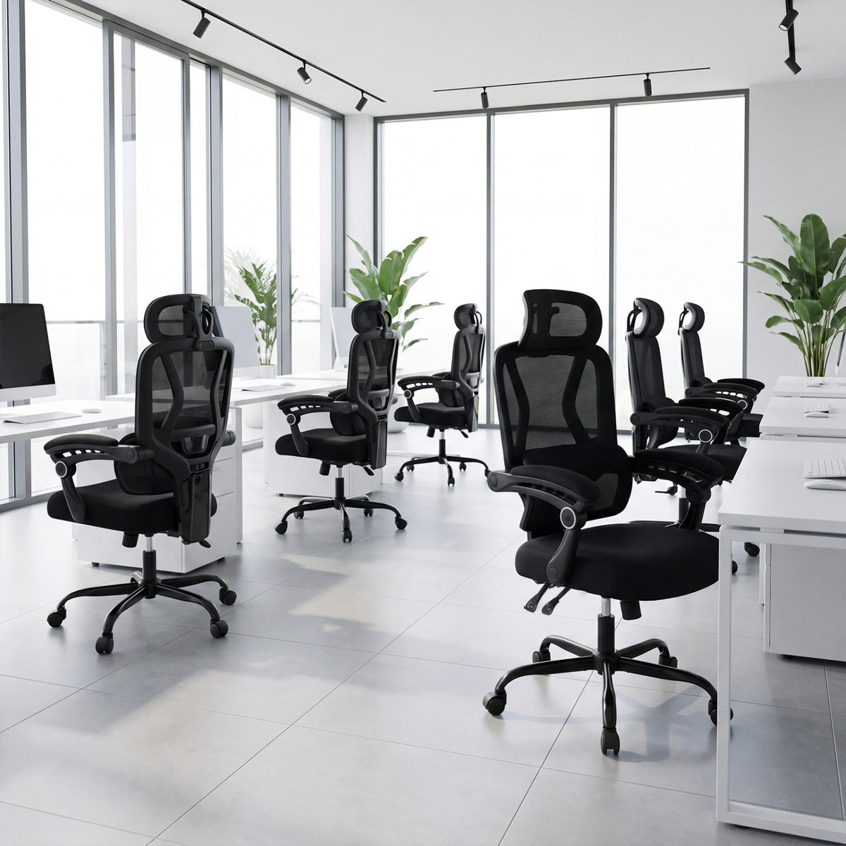 Several black mesh office chairs arranged among desks in a bright, window-lined office.