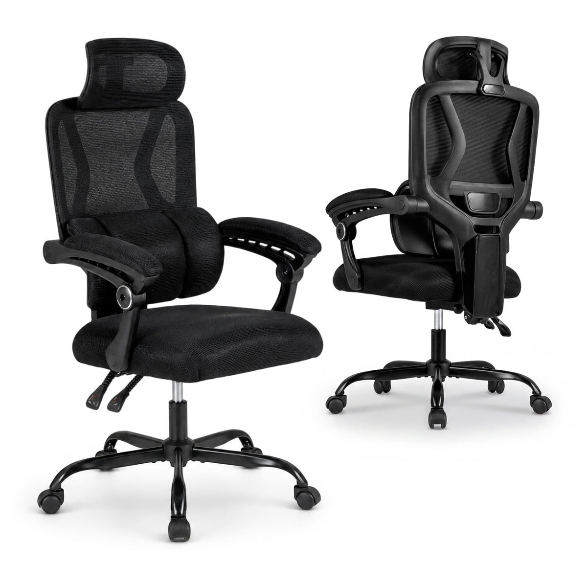 Two studio views of a black mesh office chair, showing its front and sculpted back.