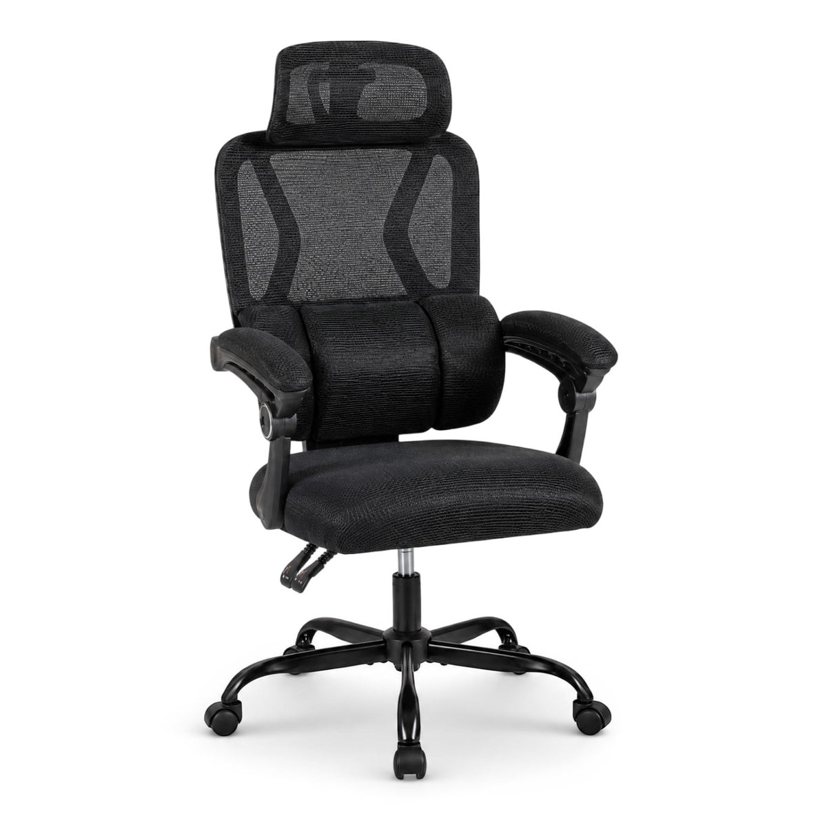 Black mesh office chair isolated against a white background, with padded armrests and headrest.