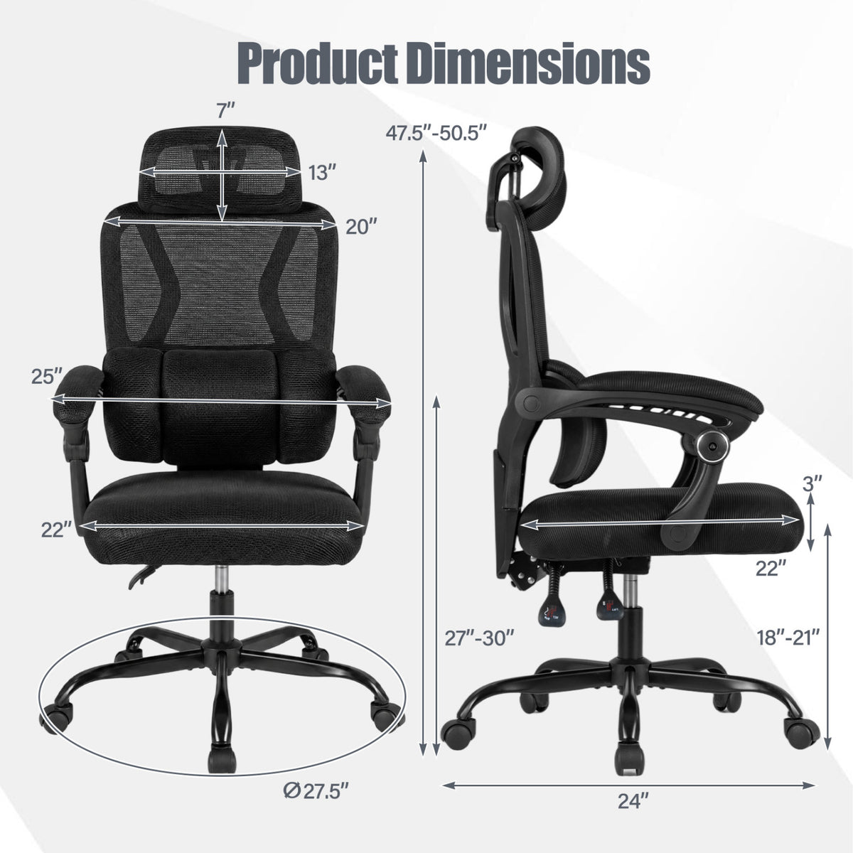 Front and side views of a black mesh office chair with measurement arrows around it.