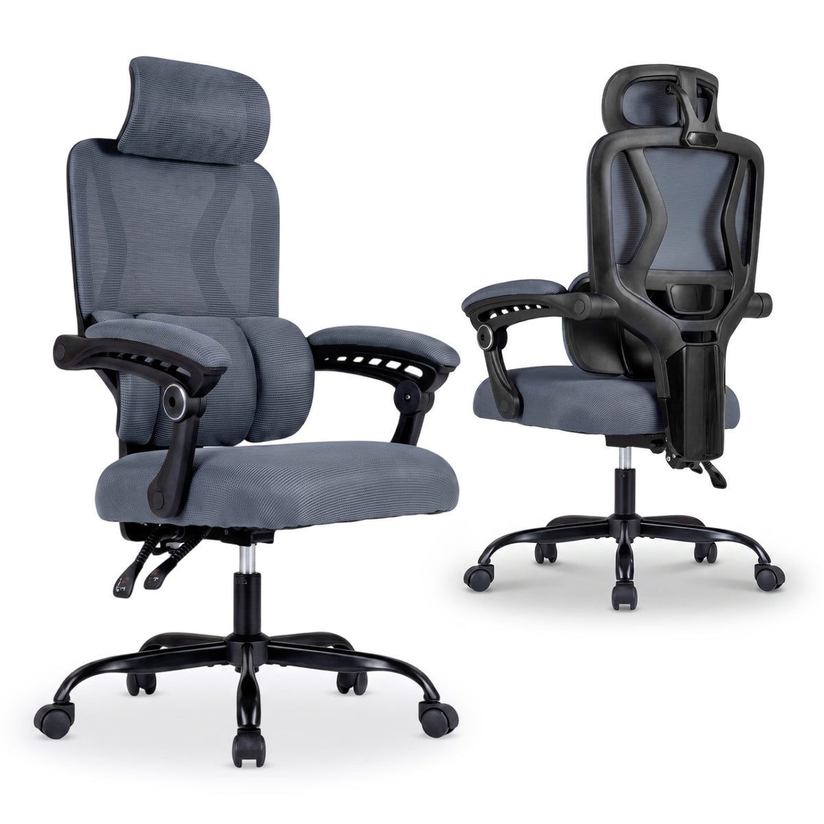 Dark gray mesh office chair shown from the front and rear against a white background.