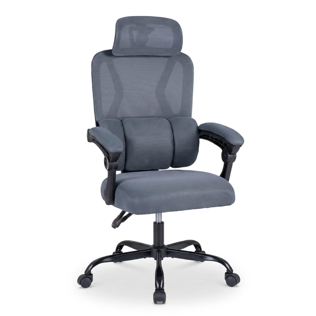 Dark gray mesh office chair shown from the front against a white background.