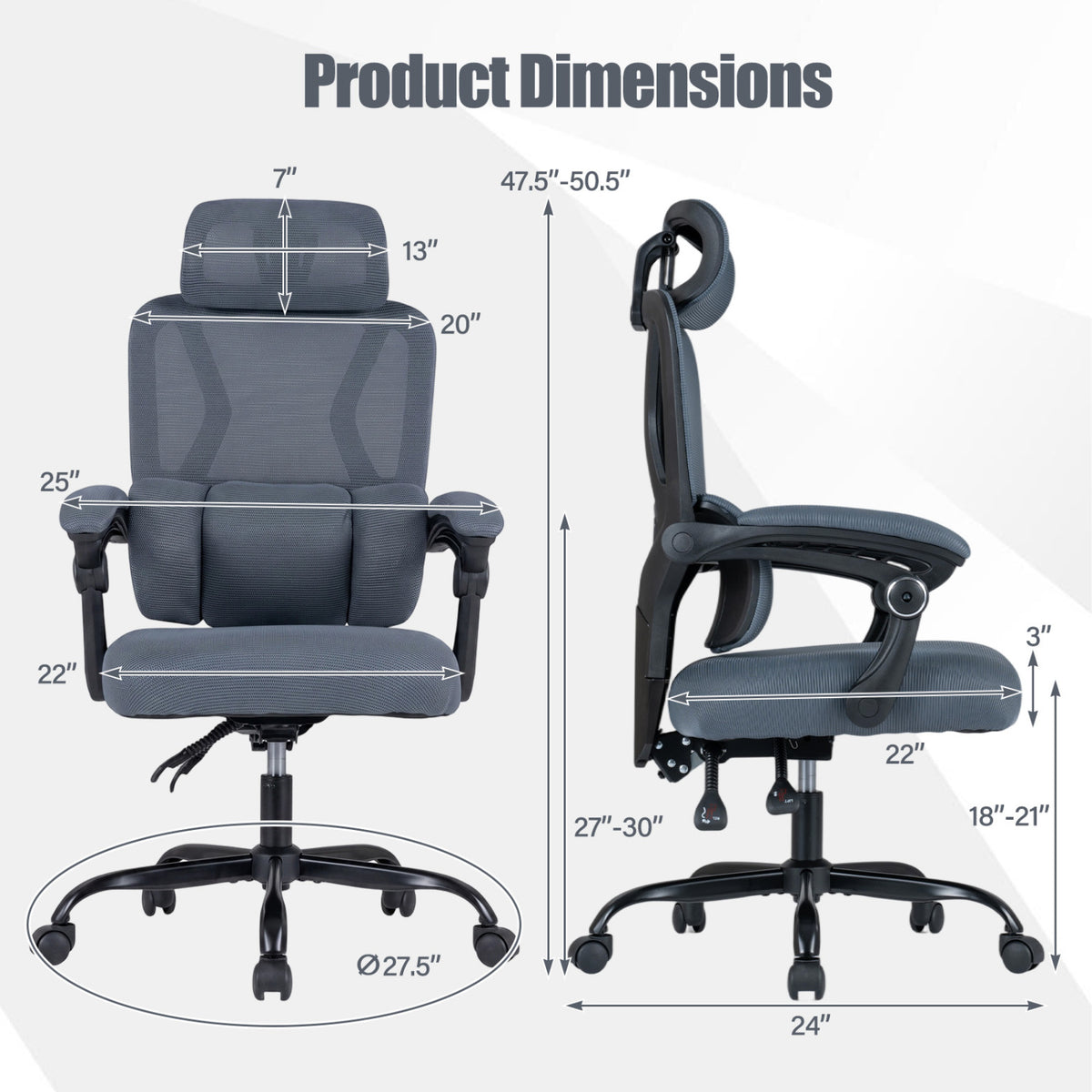 Front and side views of a mesh office chair with measurement arrows around the headrest, seat, base, and back.