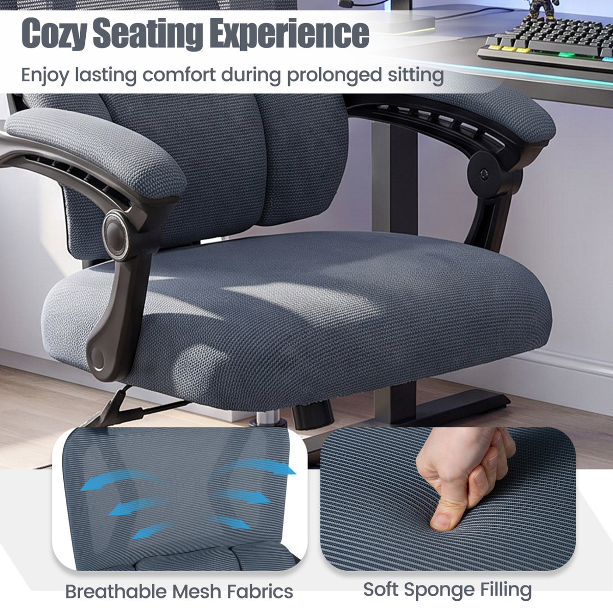 Close-up of the chair’s mesh seat and padded armrests, with inset images showing the fabric and cushion being pressed.