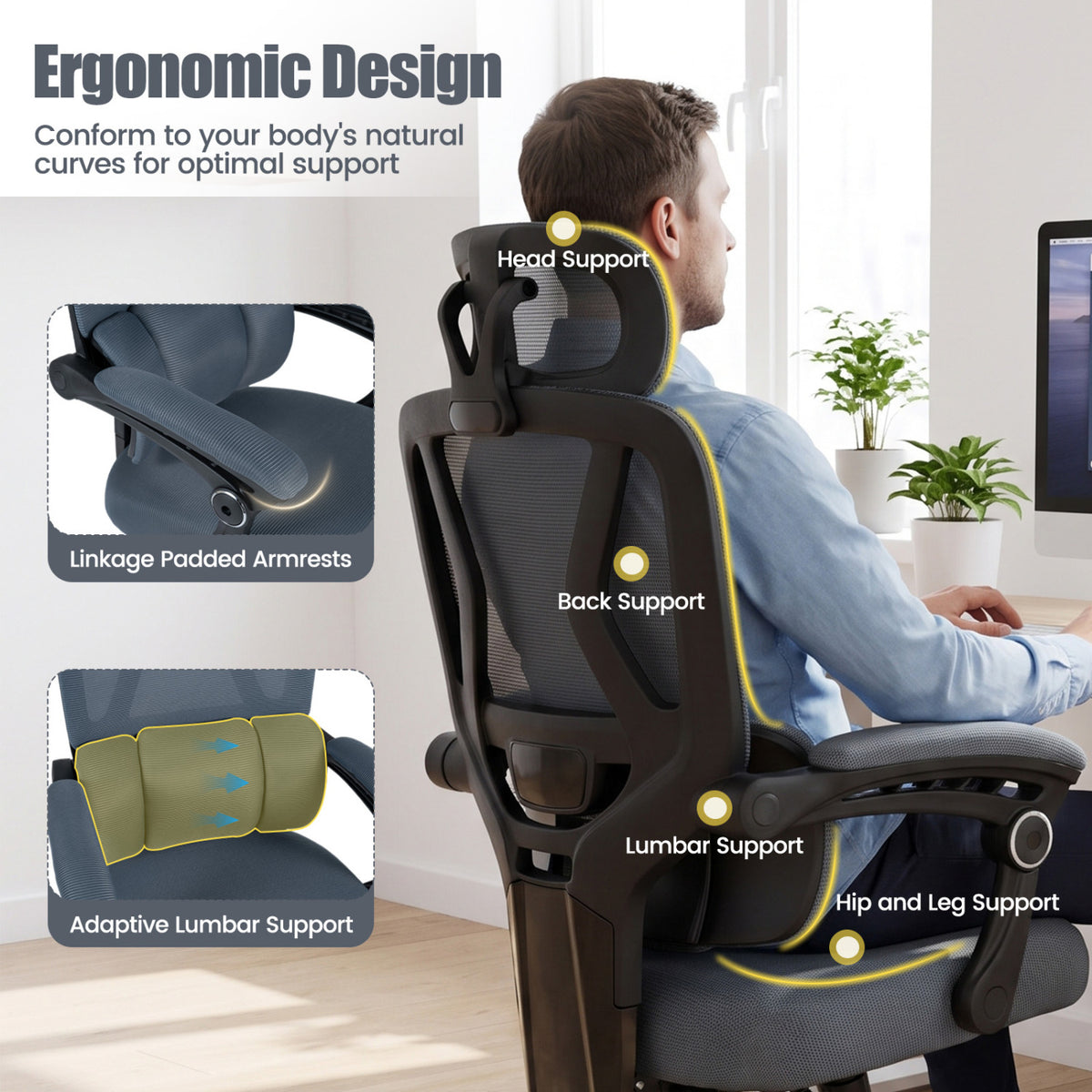 Person seated in the chair, with callouts highlighting the headrest, back, lumbar area, armrests, and seat support.