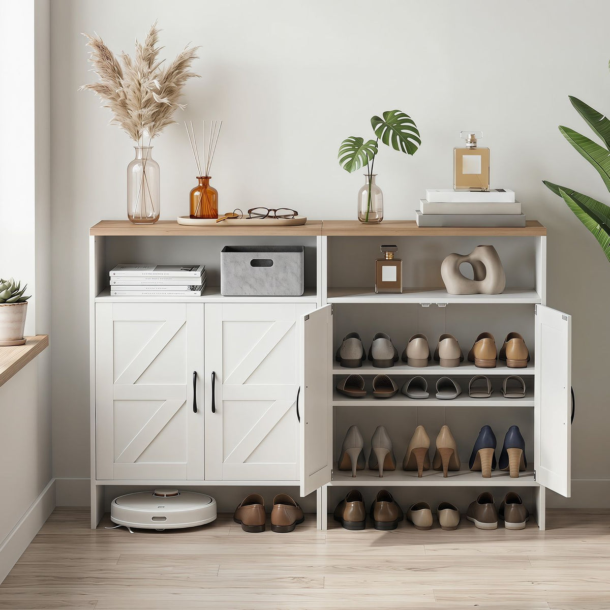 White shoe cabinet with both doors open, revealing several shoe shelves and pairs of shoes inside.