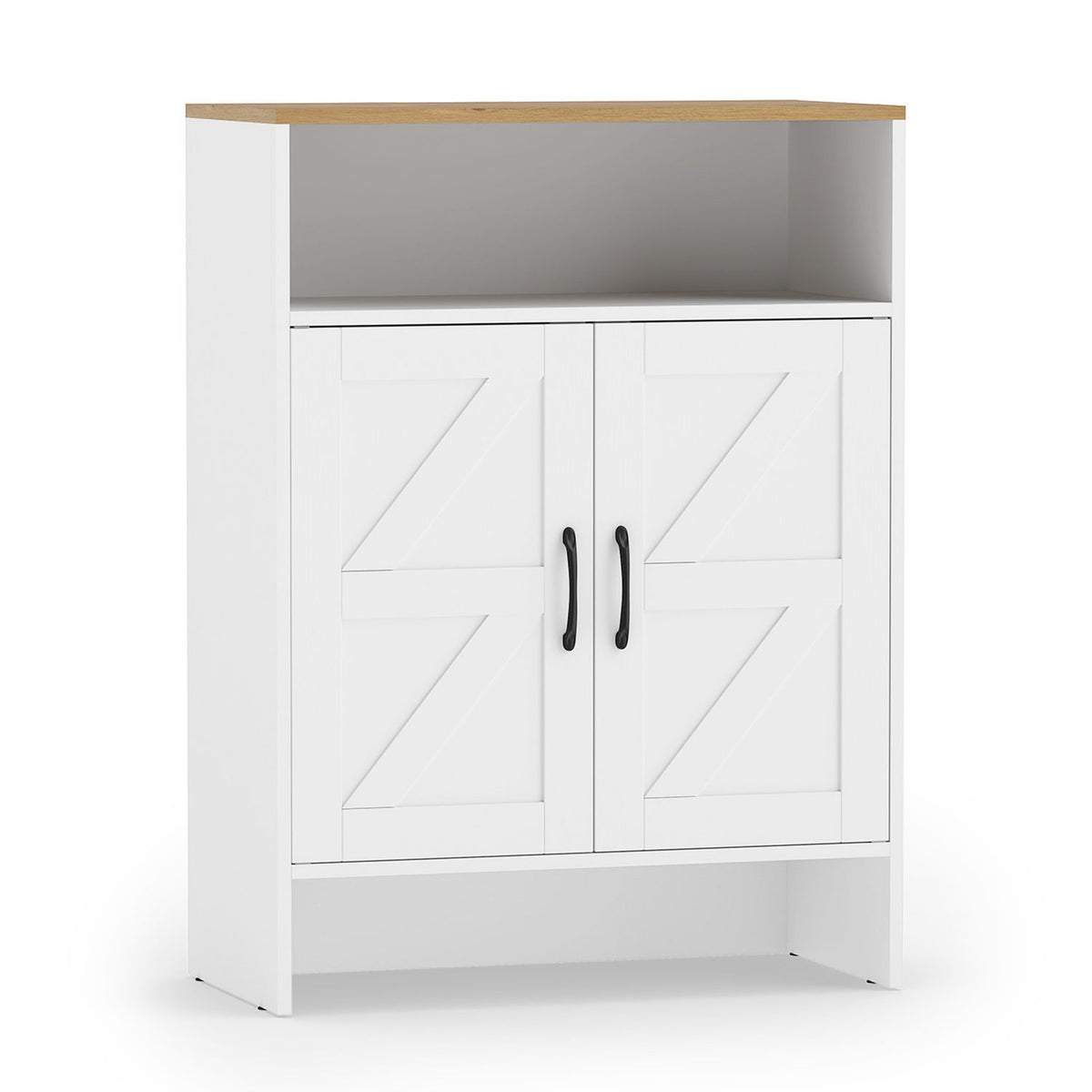 White shoe cabinet against a plain background, with two barn-style doors, an open upper shelf, and a lower opening.