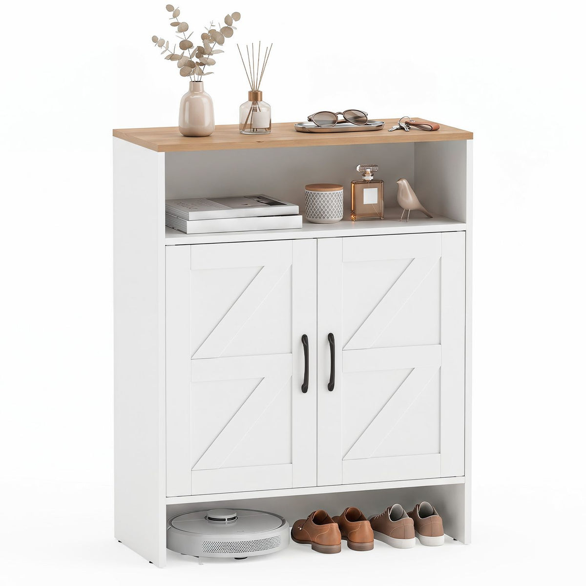 White shoe cabinet with a wood-look top, an open shelf holding decor, and shoes arranged in the lower opening.