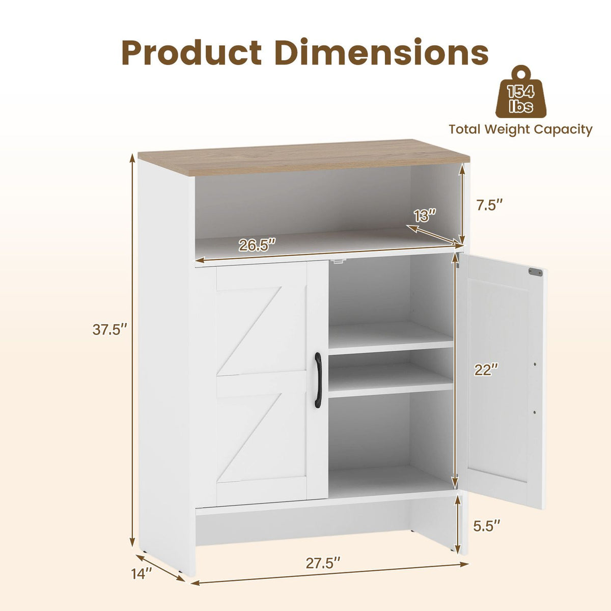 White shoe cabinet shown with its door open and measurement arrows around the cabinet and shelves.