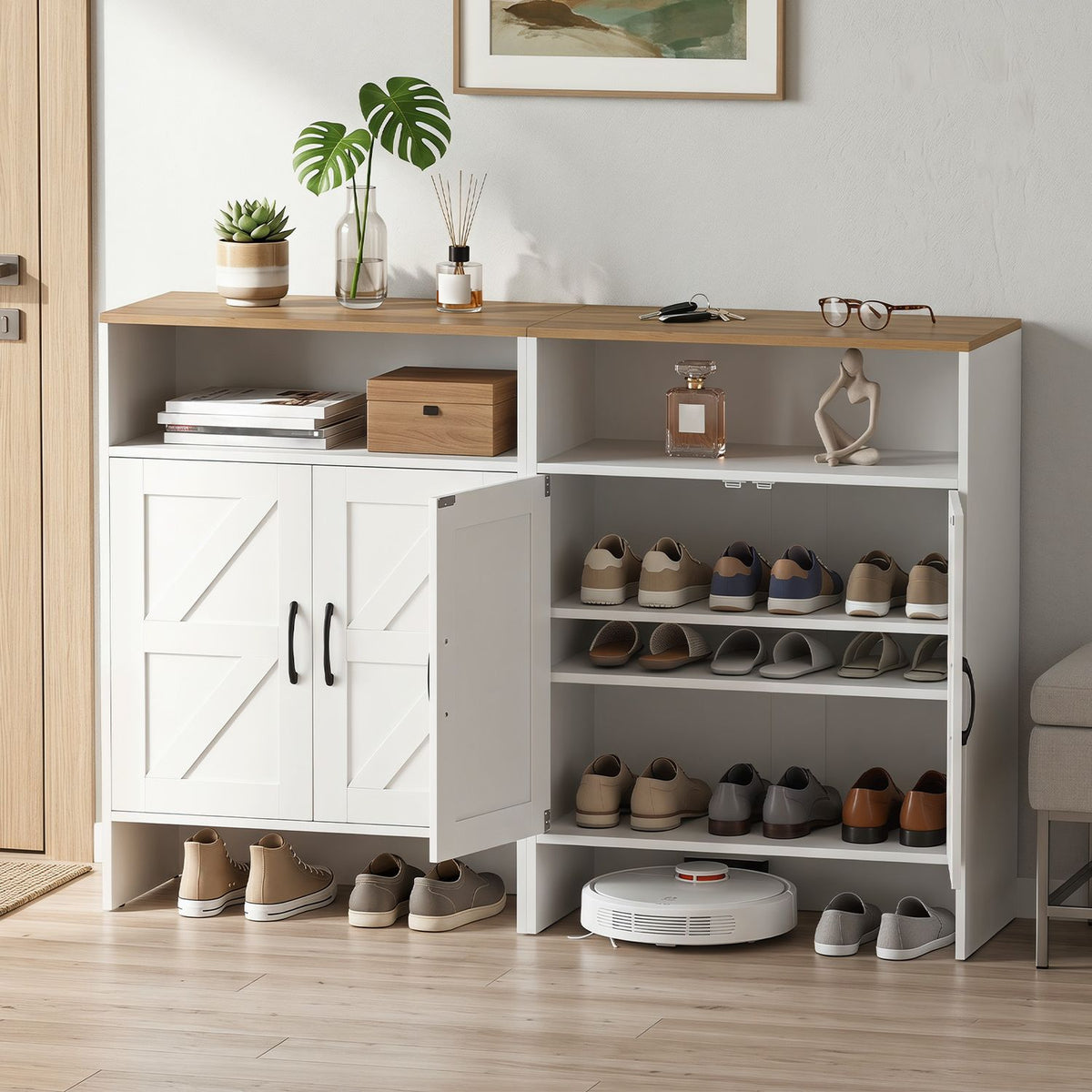 Two white shoe cabinets with wood-tone tops stand side by side, one open to reveal shelves filled with shoes.