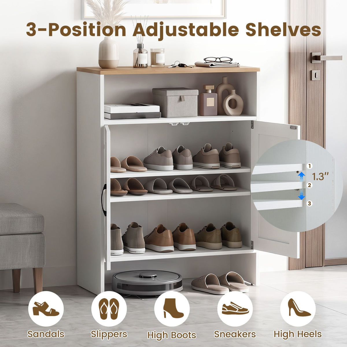 Open white shoe cabinet displays shoes on shelves, with a close-up showing shelf height adjustment positions.