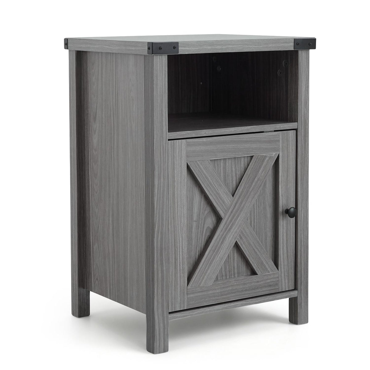 Gray farmhouse nightstand isolated on white, showing an open shelf and X-braced cabinet door.