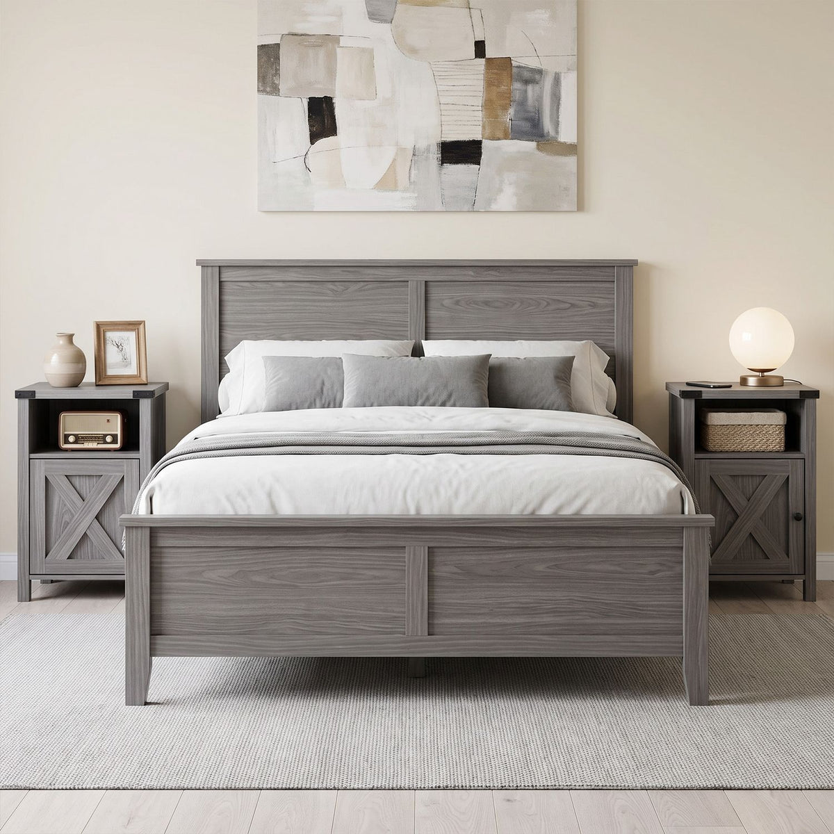 Gray nightstands flank a bed, each showing an open shelf above a barn-style door.