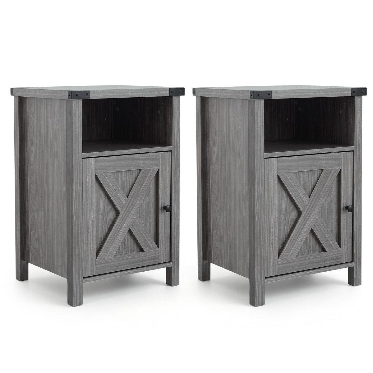 Two gray nightstands shown against a white background, with open shelves and X-braced doors.