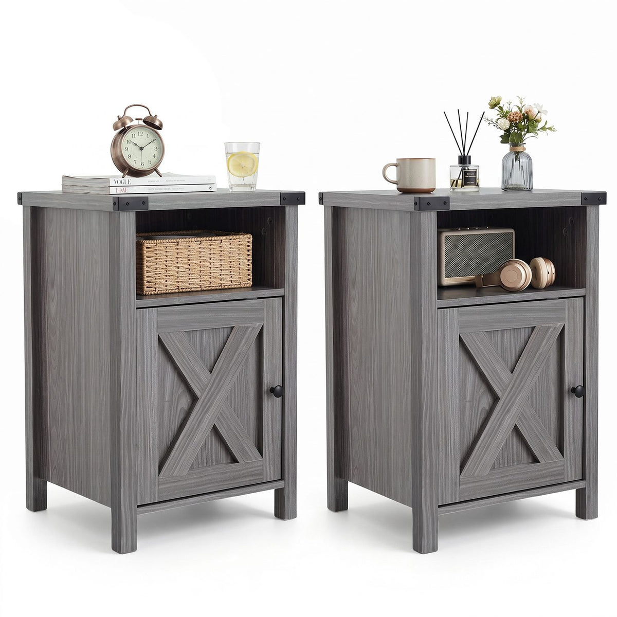 Two gray nightstands with woven baskets and accessories displayed in their open shelves.