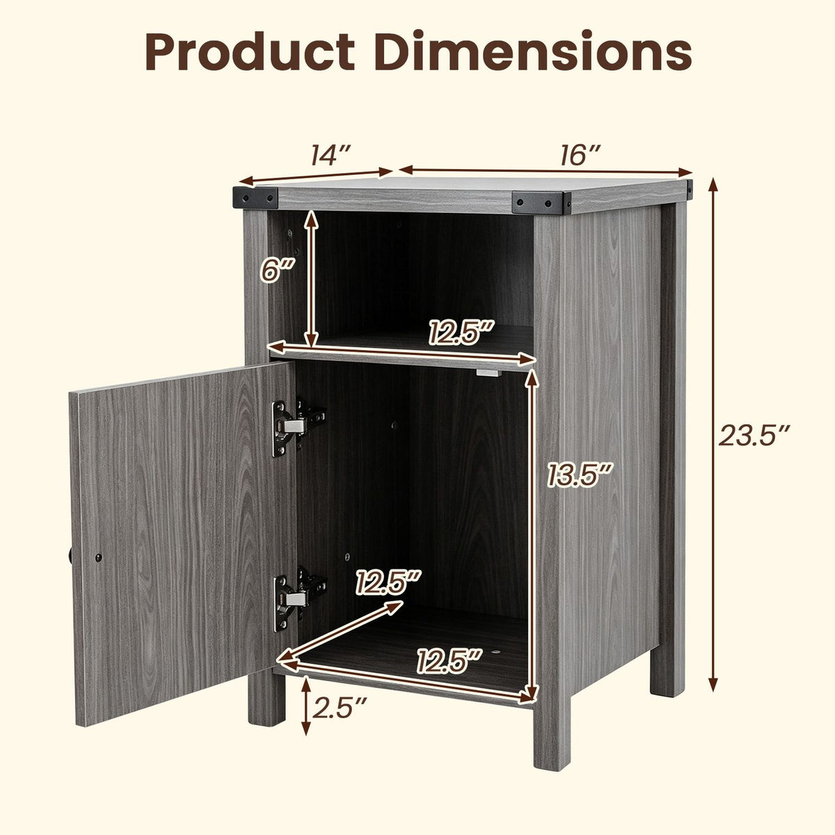 Gray wood nightstand shown with its door open and measurement arrows around the cabinet and interior.