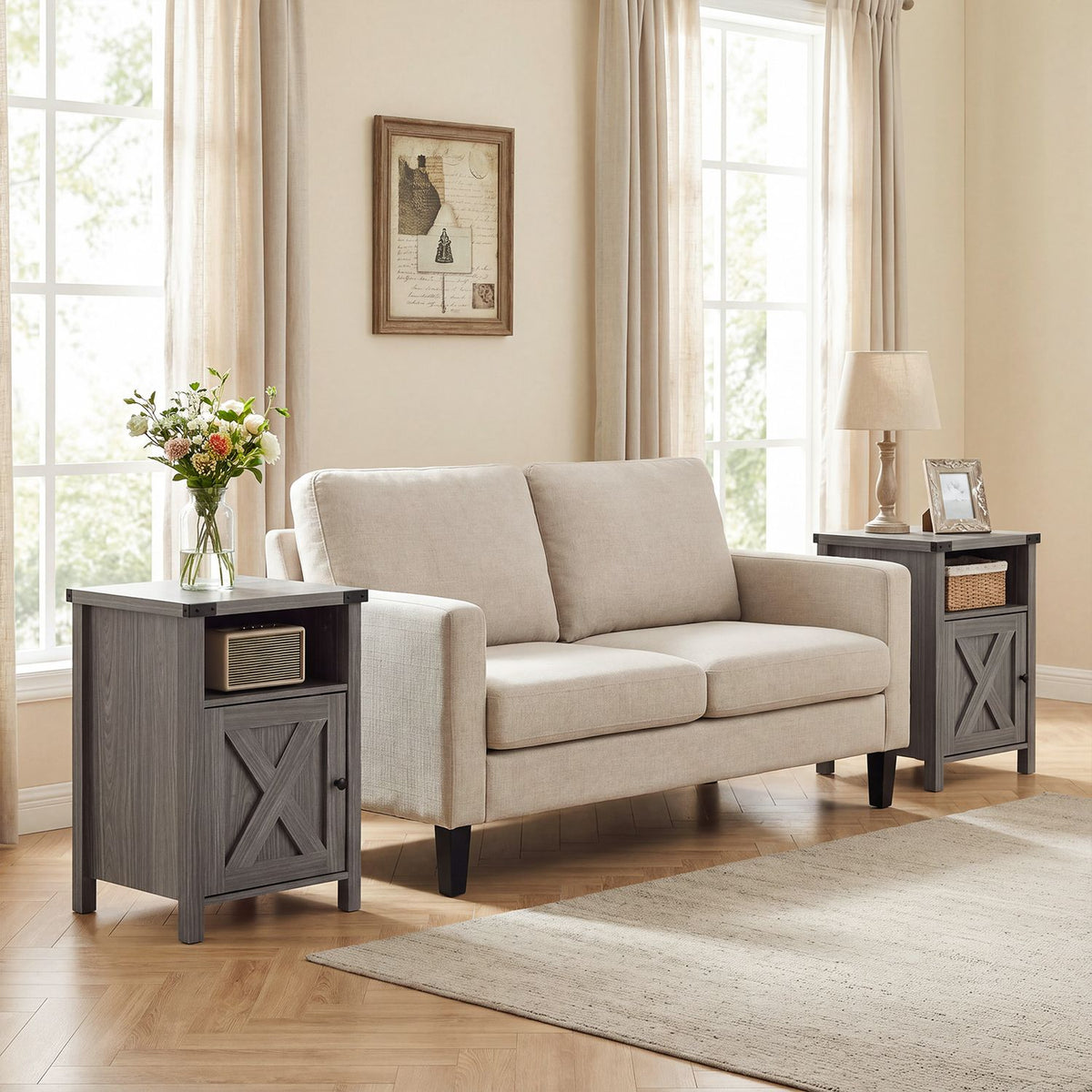 Gray wood nightstands with open shelves and X-panel doors flank a cream sofa.