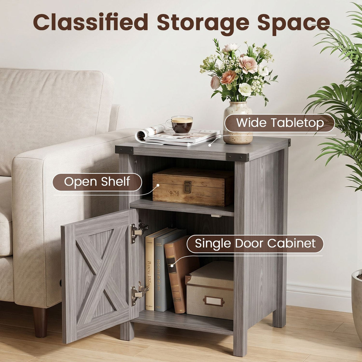 Gray nightstand with its barn-style door open, showing an upper shelf and lower cabinet filled with items.