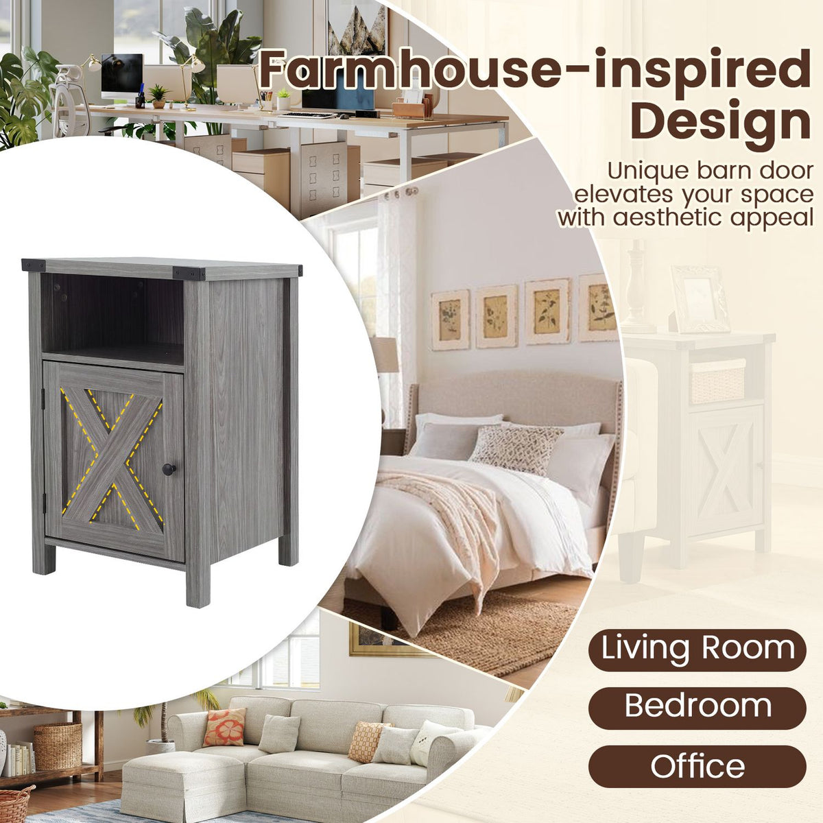 Gray nightstand with an open shelf and X-panel door shown alongside bedroom, living room, and office scenes.