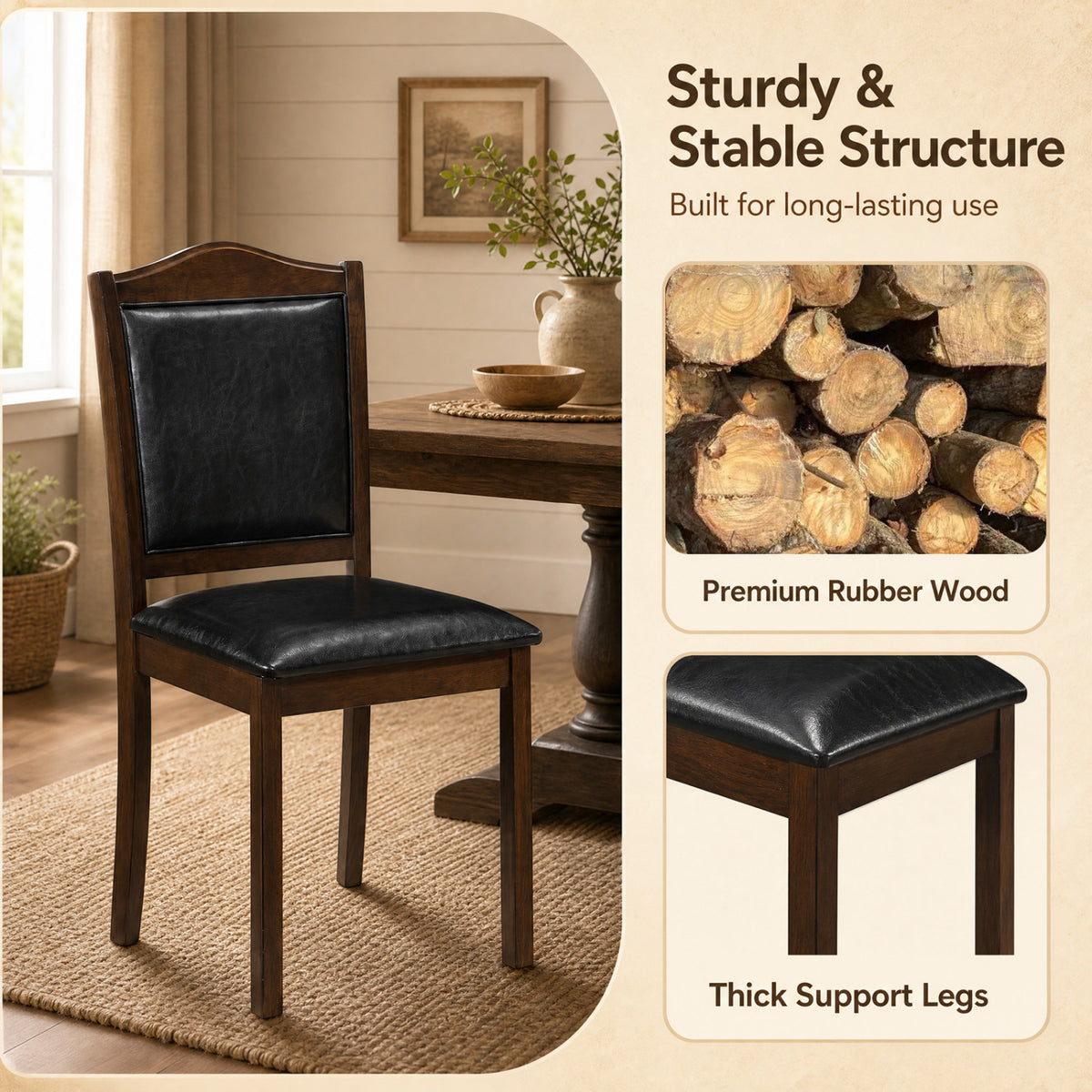Dark wood dining chair with black upholstered seat and back beside a dining table, with inset wood and leg details.