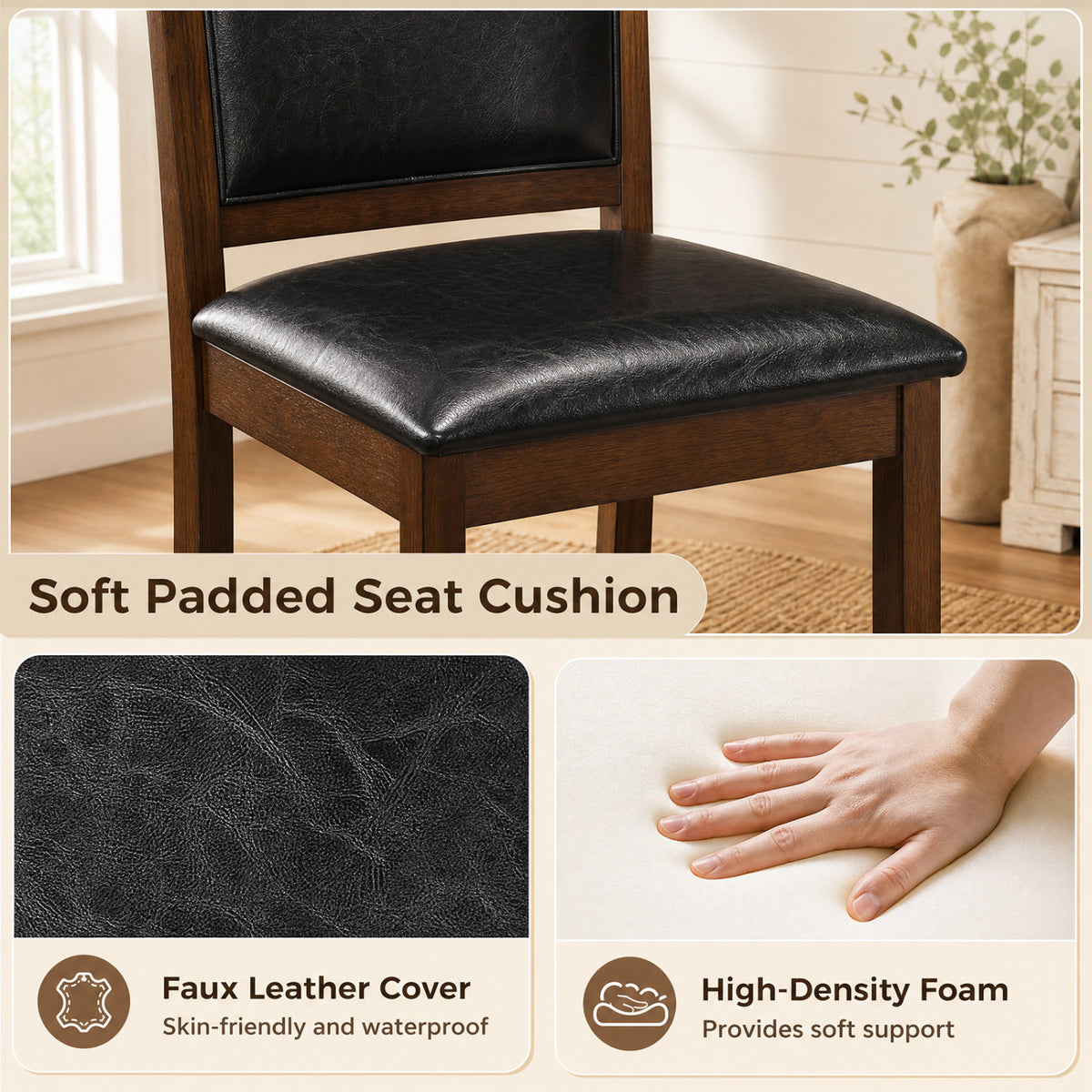 Close-up of the black padded chair seat, with insets showing its textured cover and a hand pressing a cushion.