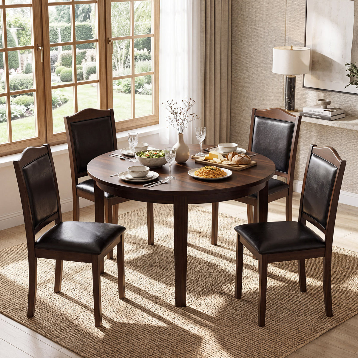 Four dark upholstered wooden chairs surround a round dining table beside large windows.