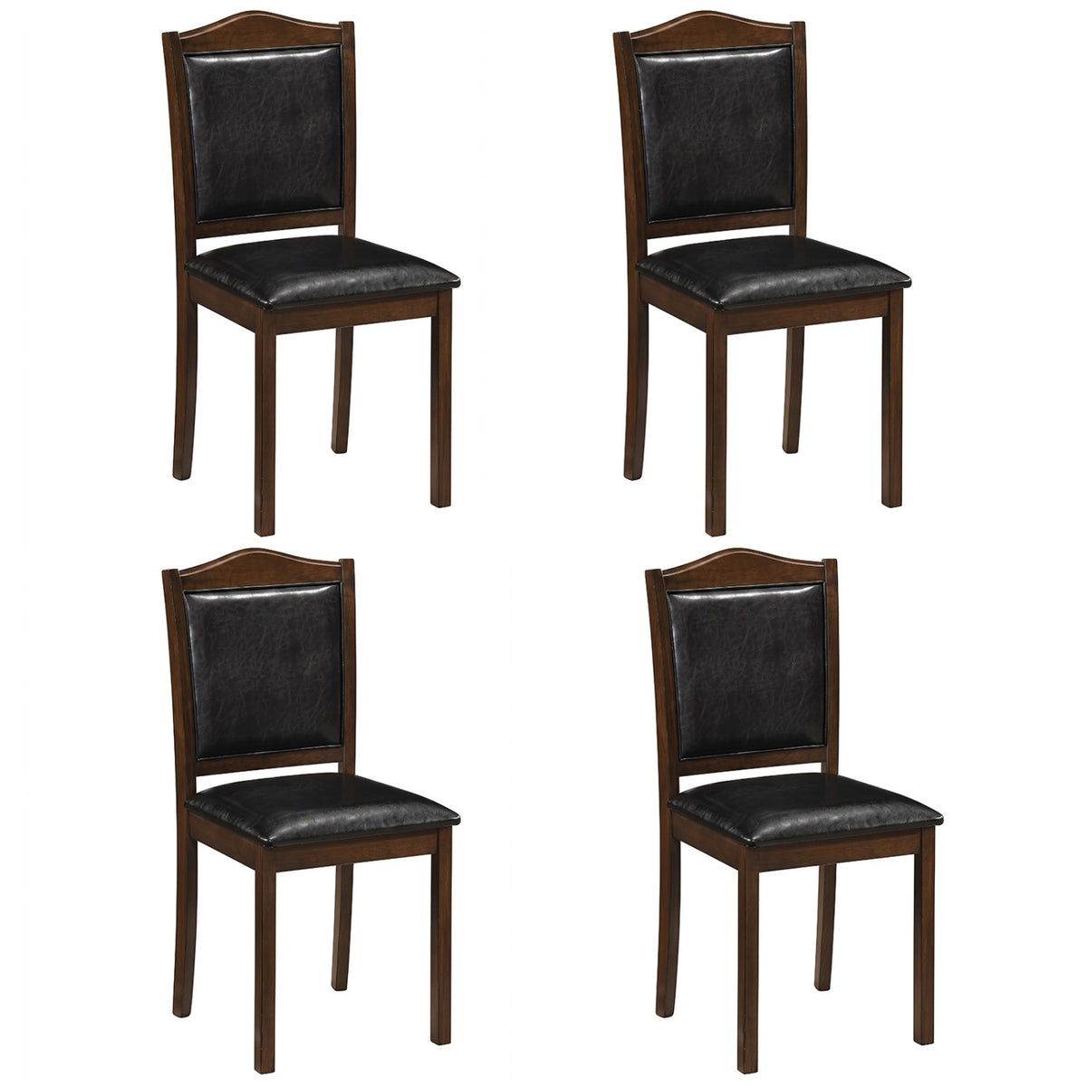 Four matching wooden dining chairs with dark padded seats and back panels on a white background.