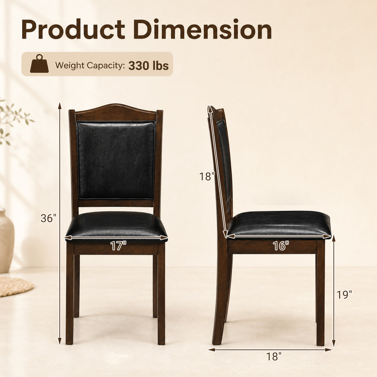 Front and side views of a dark upholstered wooden chair with measurement arrows.