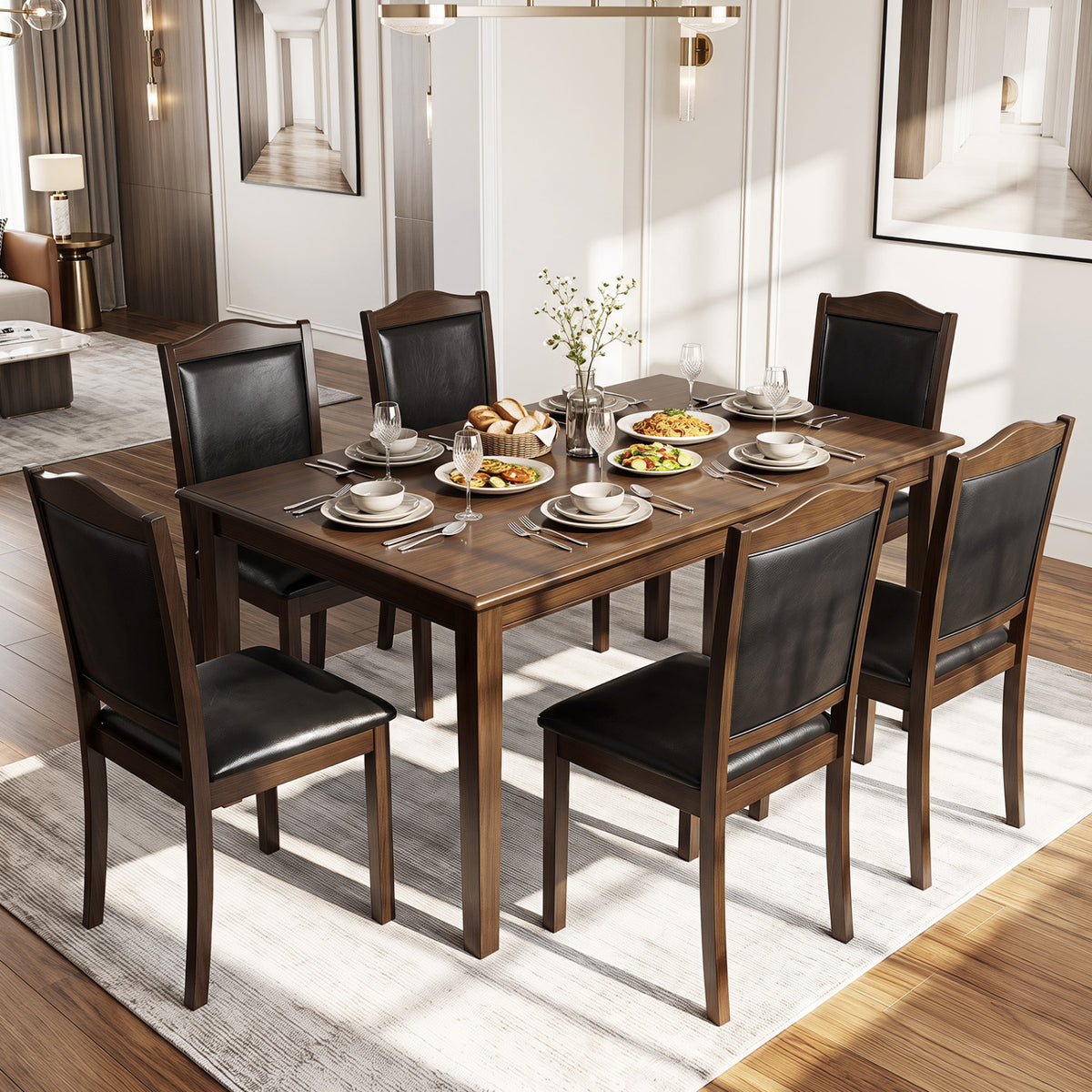 Dining table set with dark upholstered wooden chairs arranged around a place setting.