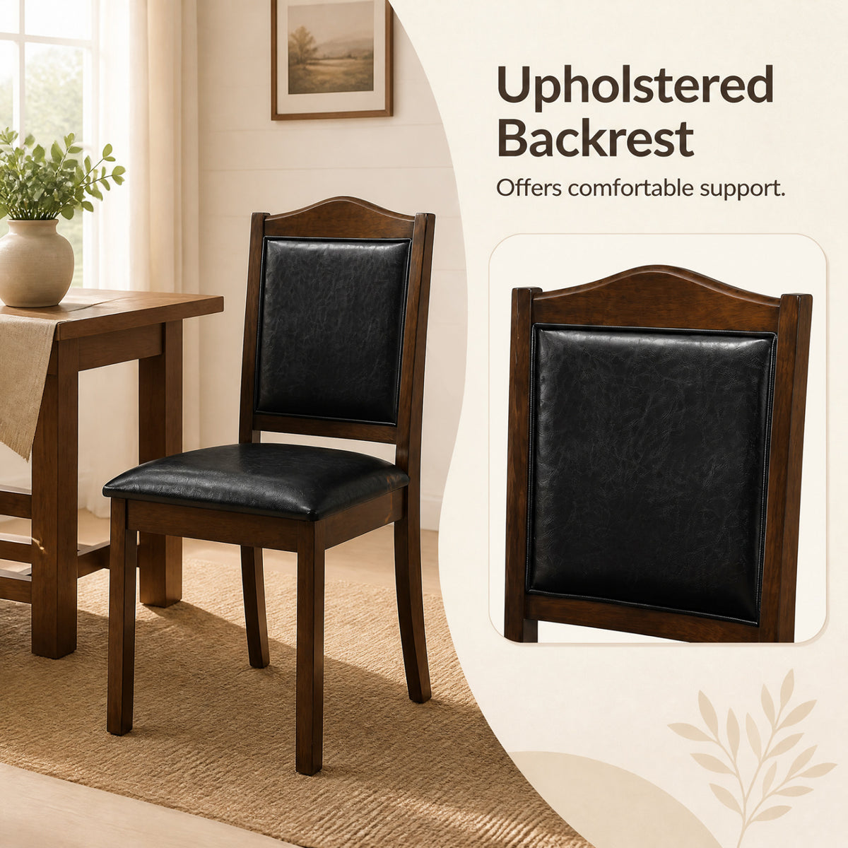 A wooden dining chair with a padded dark backrest, shown beside a close-up of the upholstery.