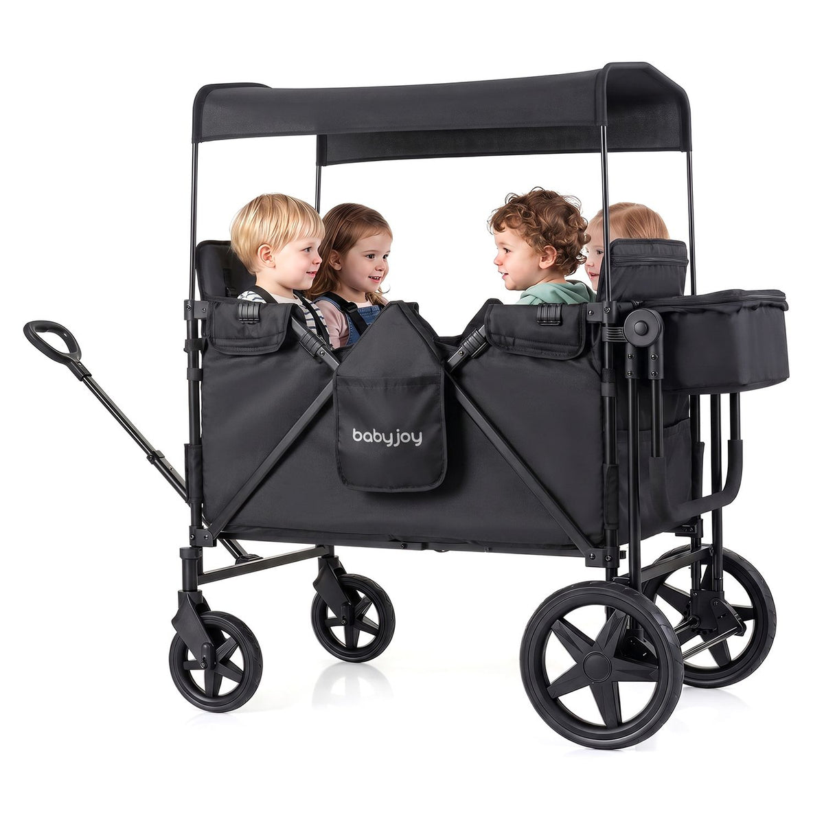 Black covered wagon stroller with four children seated inside, shown against a white background.