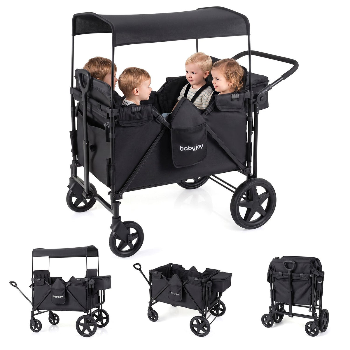 Black covered wagon with children seated beneath its canopy, alongside smaller views of the wagon in different
