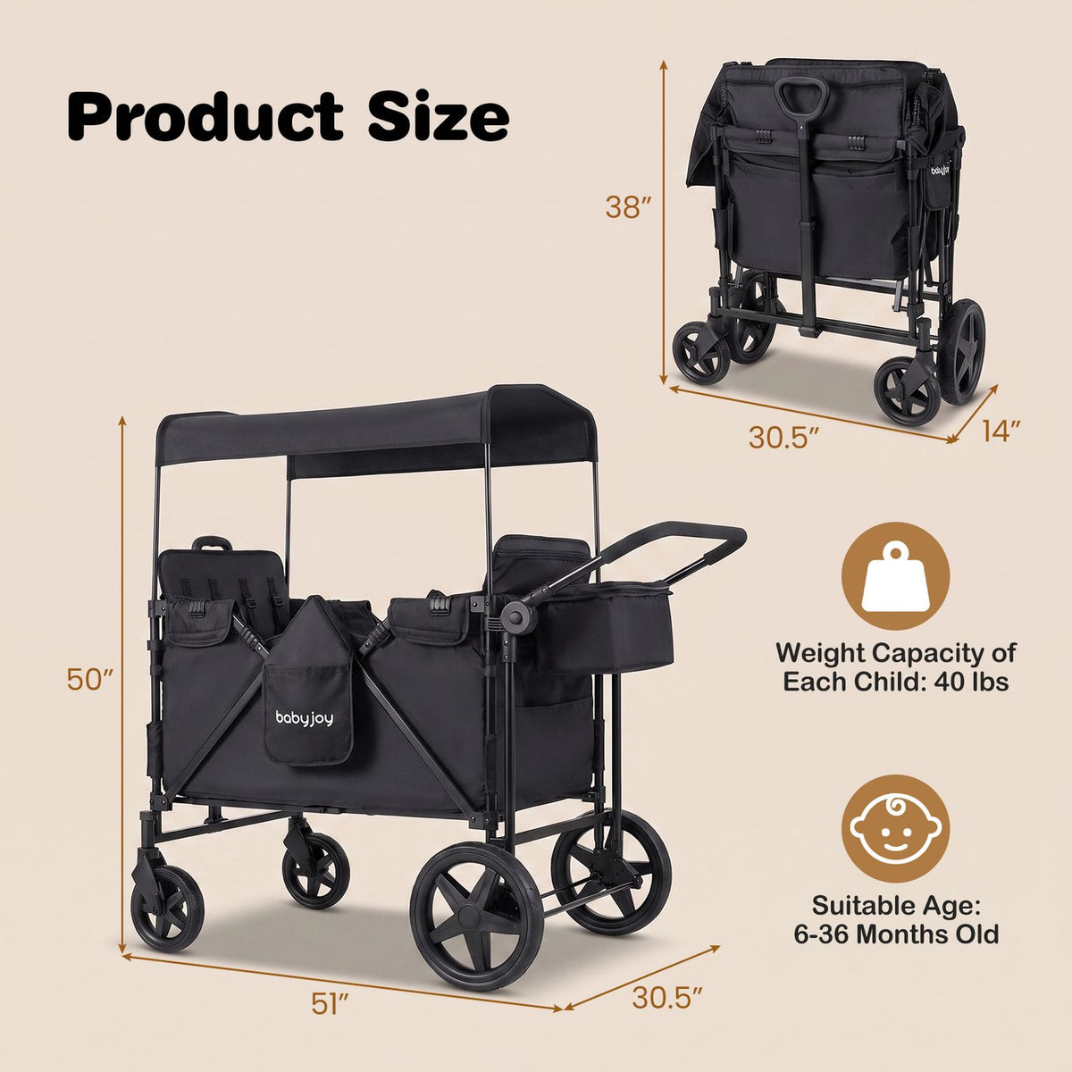 Illustrated size graphic showing the wagon assembled and folded, with measurement arrows and feature icons.