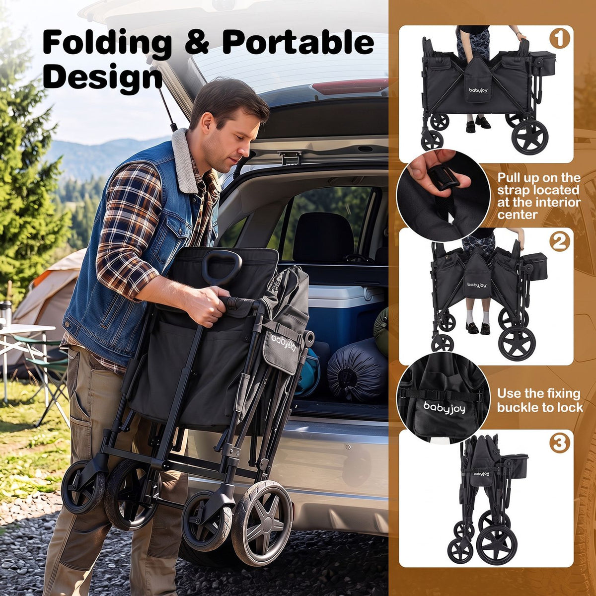 A man lifts the folded wagon toward an open vehicle, beside smaller views of its folding steps.