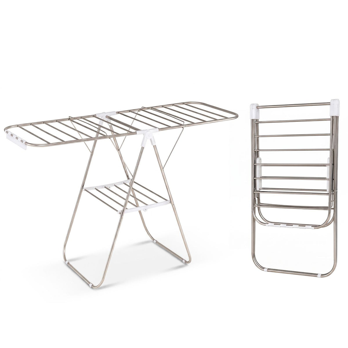 Silver drying rack shown open beside its folded form against a white background