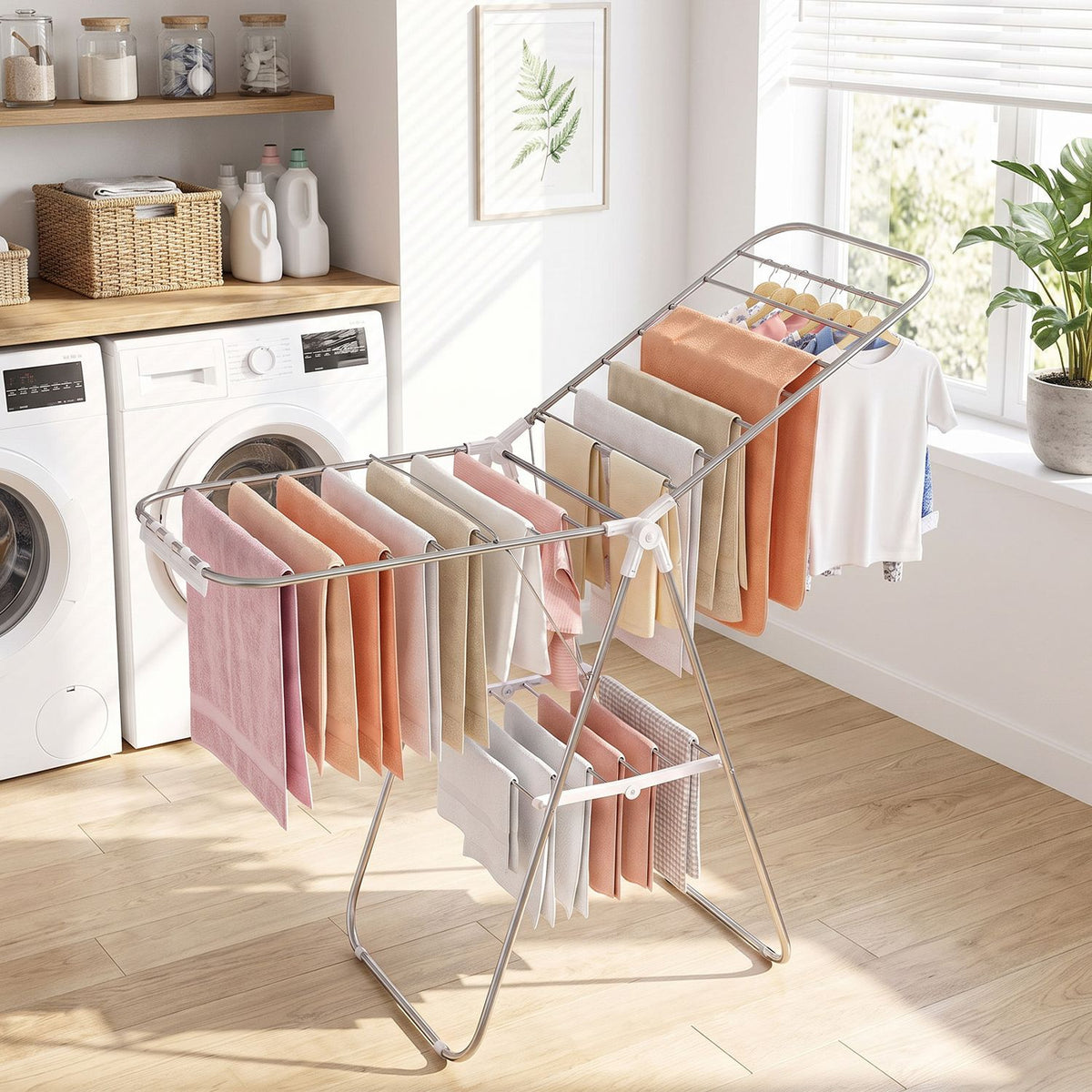 Silver folding drying rack loaded with laundry beside a washer in a bright laundry room