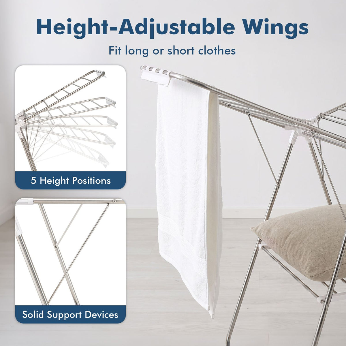 Close view of a rack wing holding a white towel, with inset views of its hinged supports.