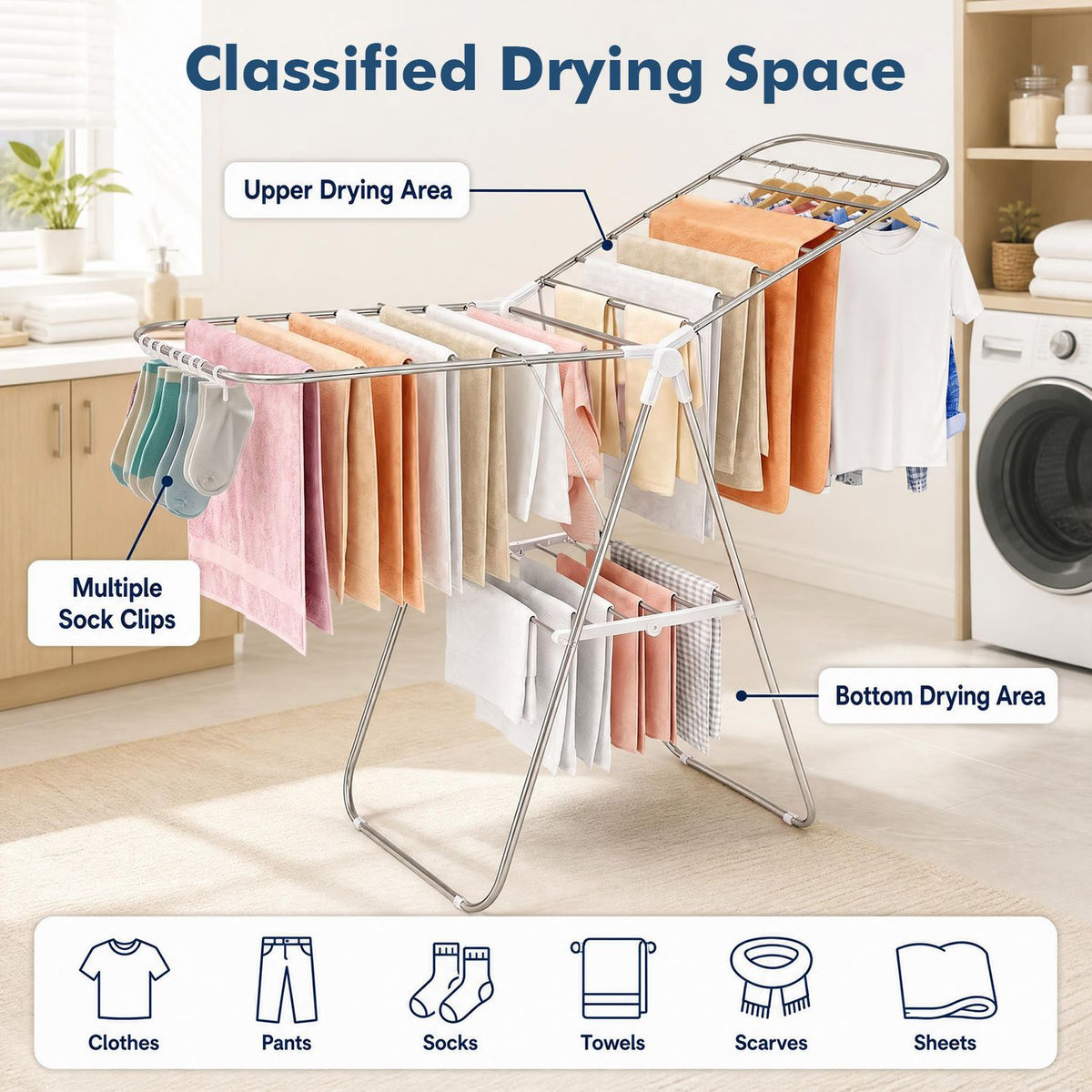 A drying rack loaded with clothes and towels, including small garments hanging from clips on one side.