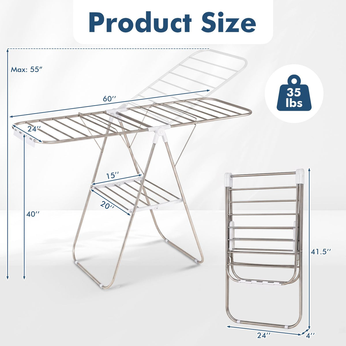 Silver drying rack size diagram showing the open rack and folded form