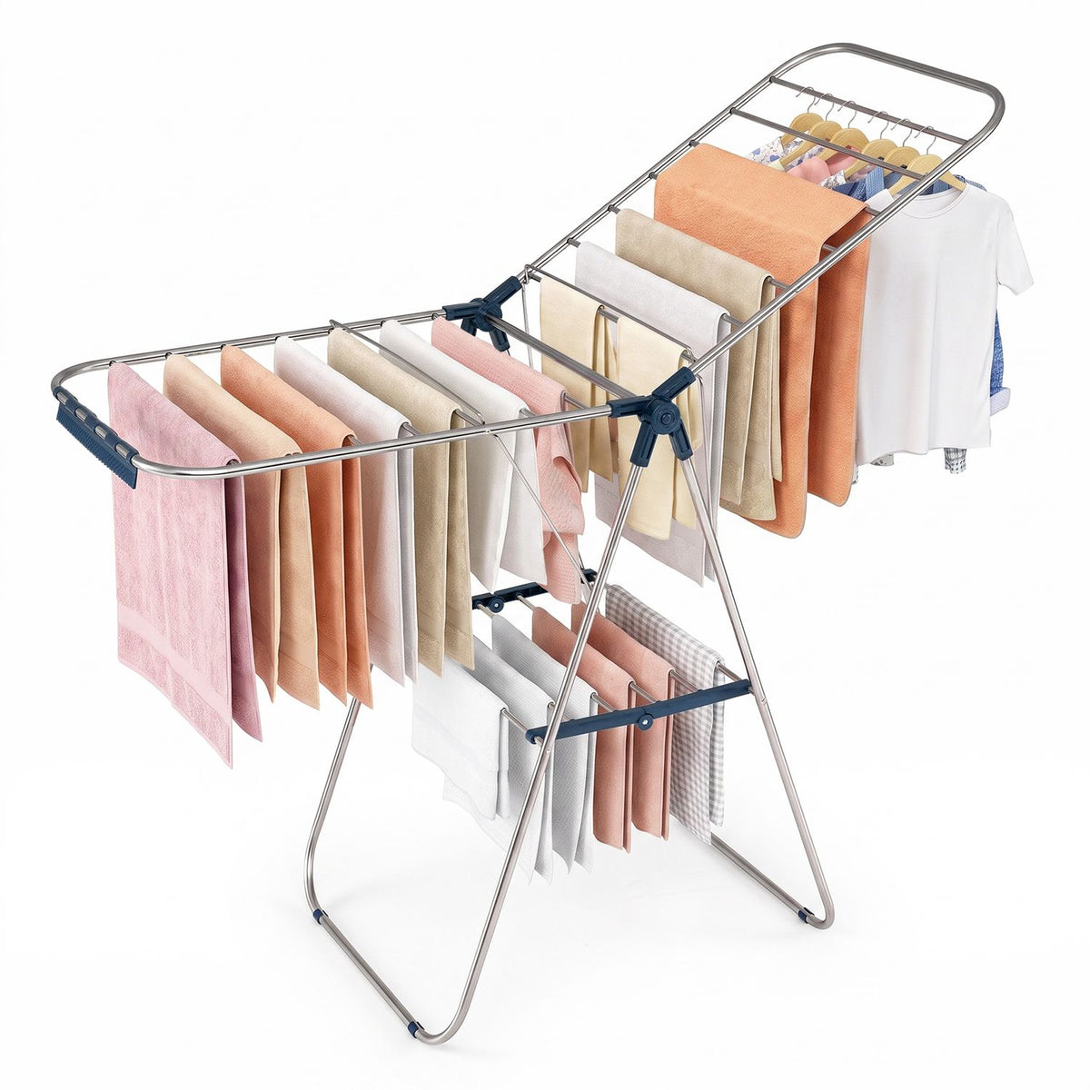 An open drying rack displays towels and shirts across its upper rails and lower rack.