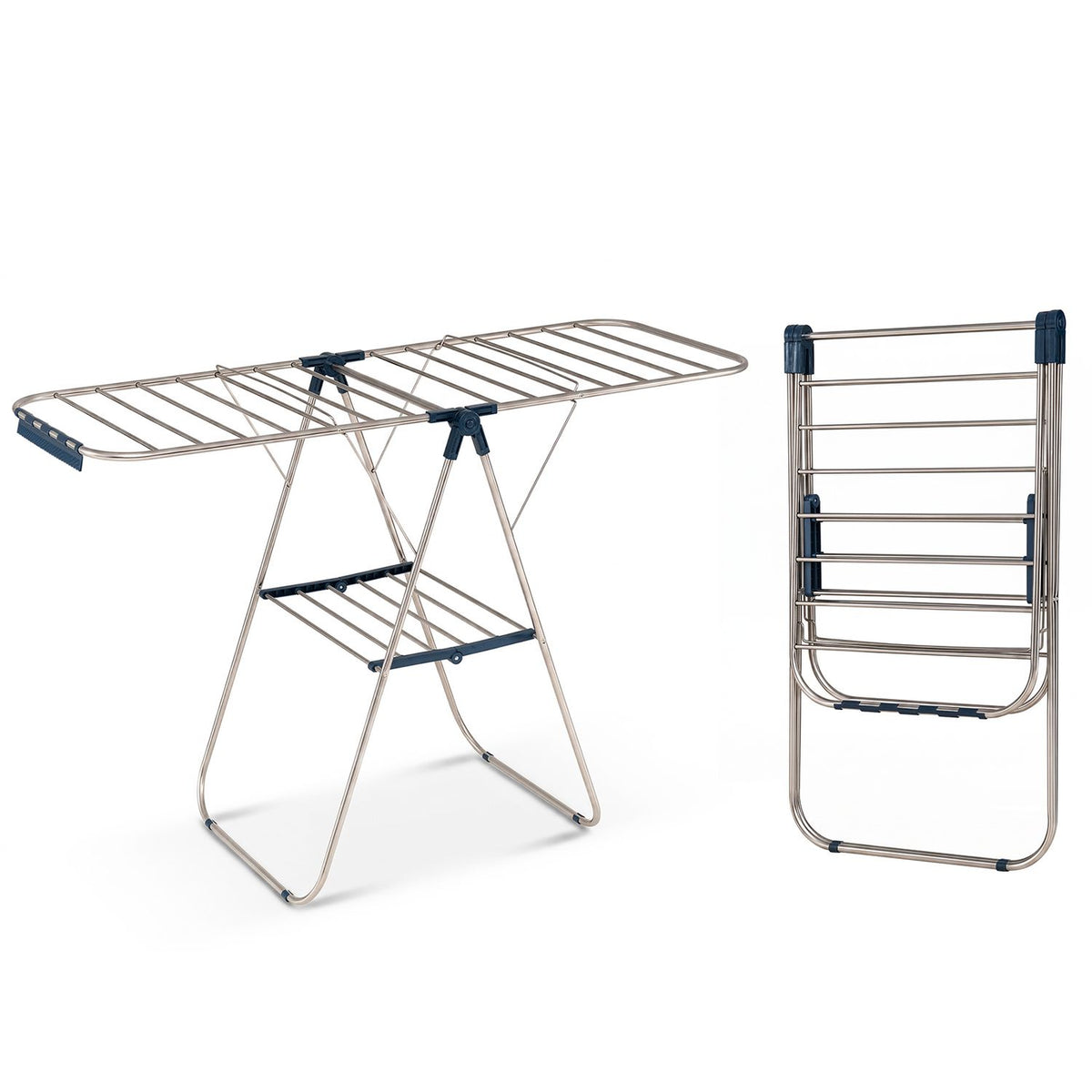 The metal drying rack is shown open beside its compact folded form on a white background.