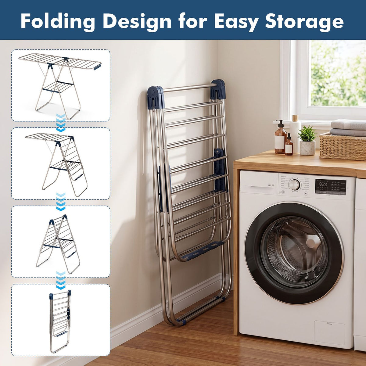 A stainless steel drying rack stands folded beside a washing machine, with insets showing it folding down for storage.