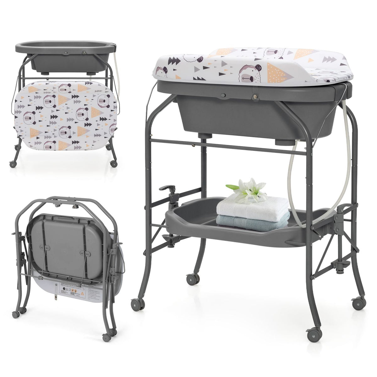 Three views show the changing table, including its padded top, lower shelf, wheels, and folded frame.