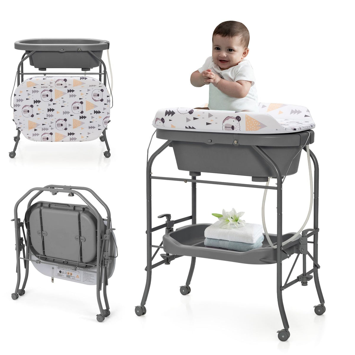 A seated baby is shown on the padded changing table alongside front and folded views of the frame.
