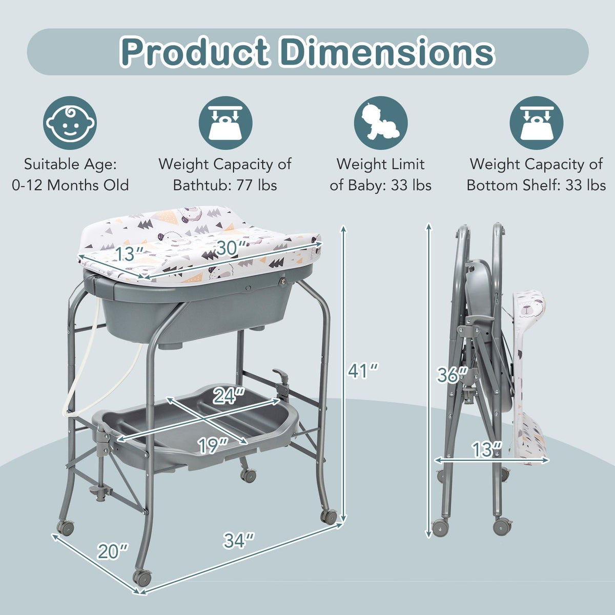 Illustrated views of the changing table show measurements and a folded side profile.