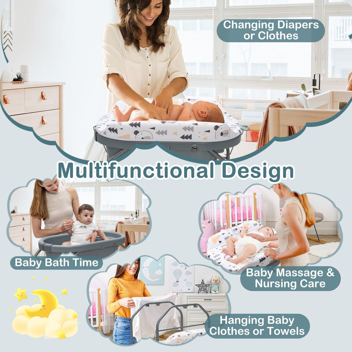 A woman changes a baby on the padded table, with smaller scenes showing bath time and other uses.