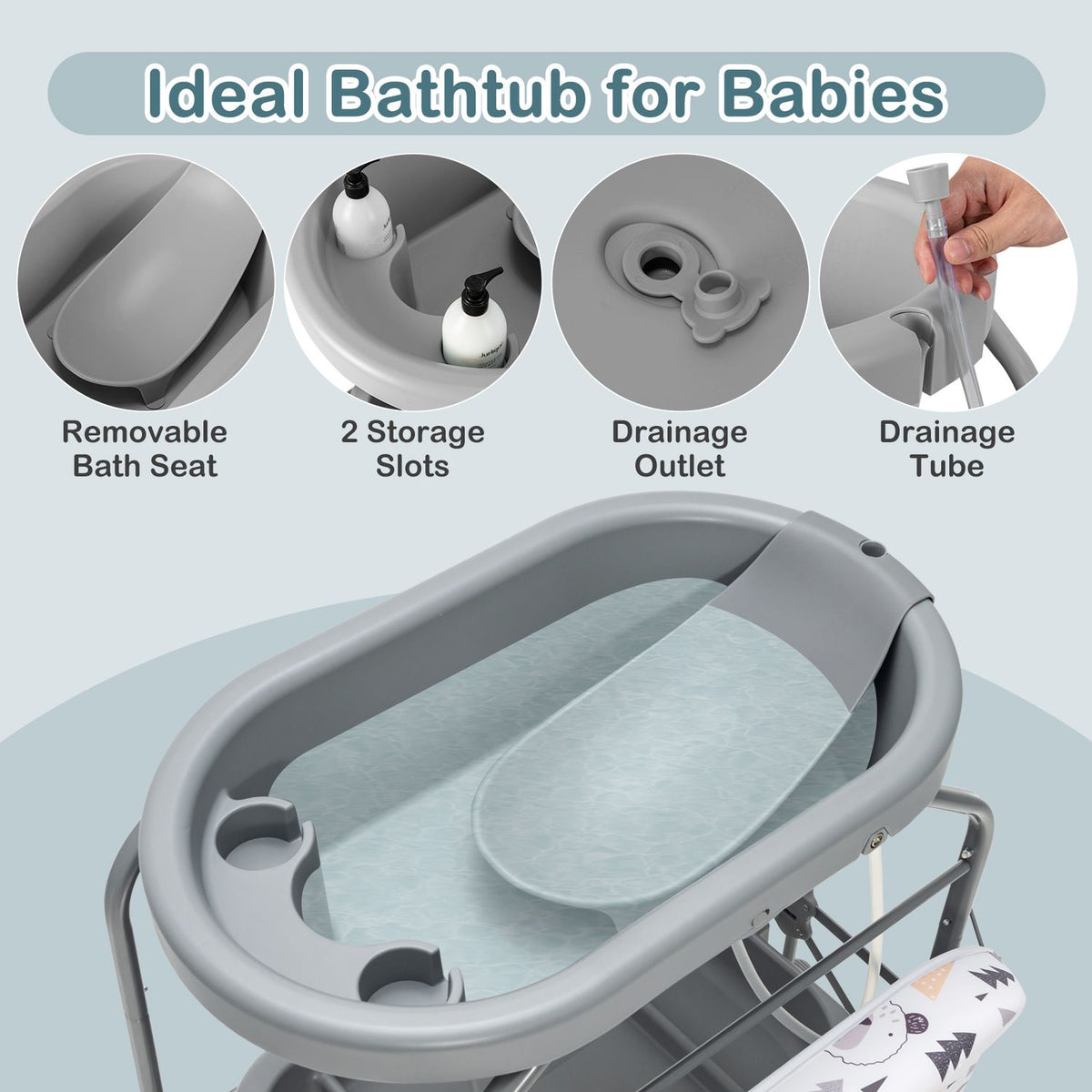 Gray baby bathtub with a molded seat, shown with close-ups of its removable insert, openings, and drain tube.