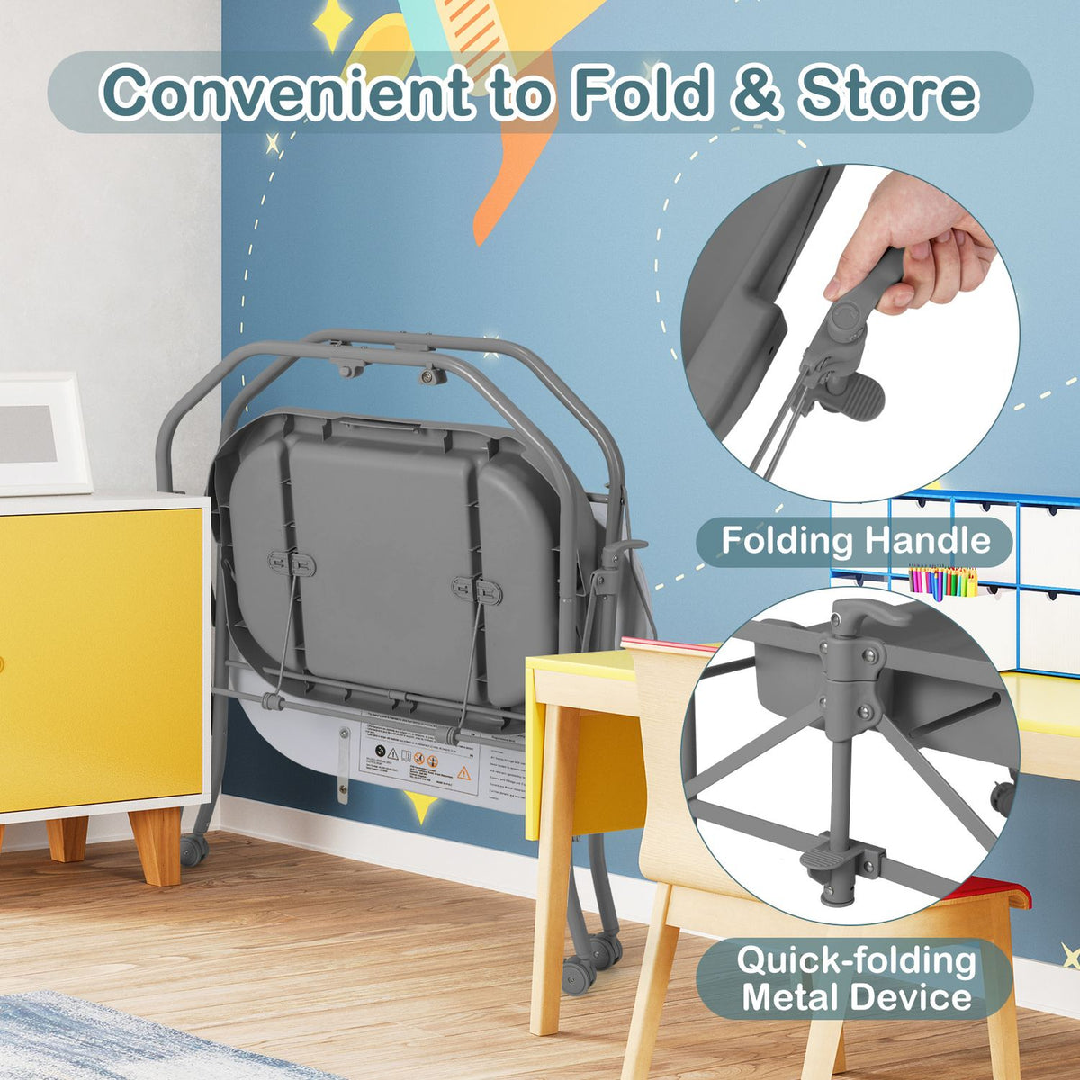 The table folded upright for storage, with inset views of its handle and folding frame joint.