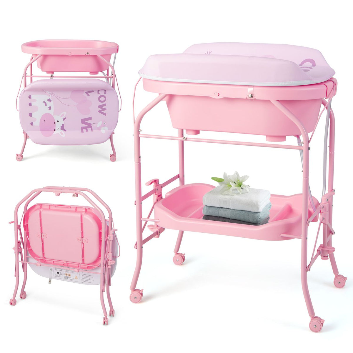 Pink changing table shown upright, folded, and with its bathtub and lower shelf visible.